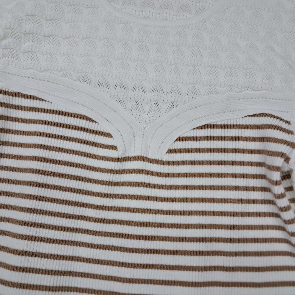 Anthropologie Maeve Sweater Womens Large White Tan Striped Pointelle Long Sleeve - Picture 5 of 10